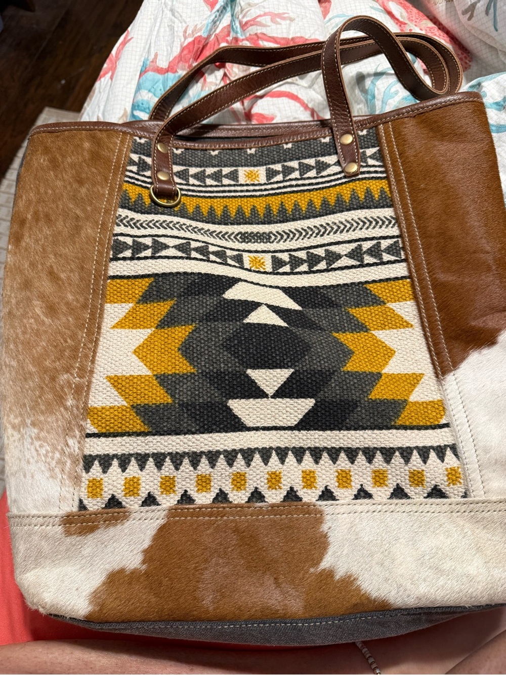Myra Bag Mustard Black Cream Southwestern Pattern Tote with Brown Trim